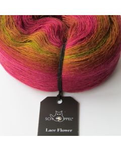 A soft 100% fine merino that is available in BIG 150 gram cakes Schoppel Lace Flower comes with a very generous 1310 yards of lace weight yarn.  Schoppel Lace has a single-ply construction and works up in gorgeous gradual long color exchanges that stripe.